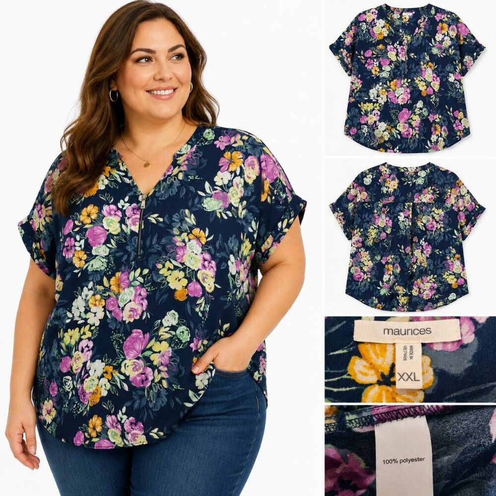 Maurices XXL Navy Floral Zip Front Blouse Plus Size
